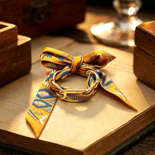 Vintage Ethnic Orange & Blue Silk Scarf Cuff Bracelet
