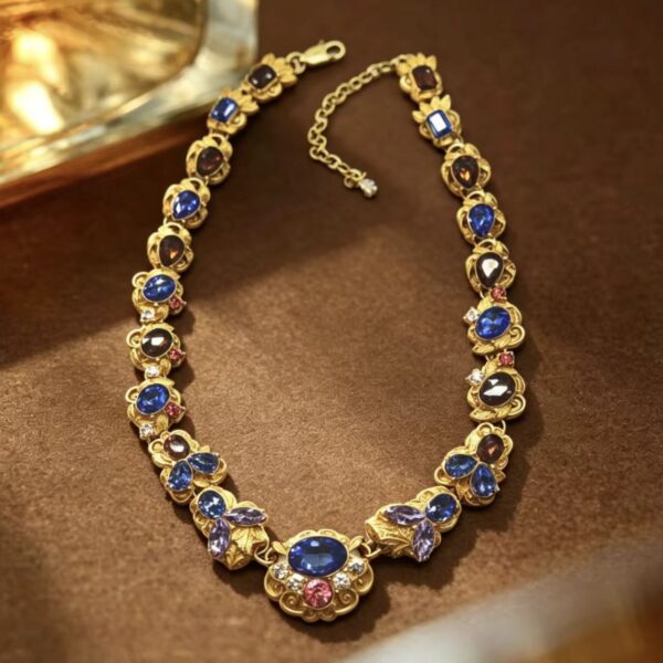 Vintage Gold-Tone Multi-Color Gemstone Statement Necklace