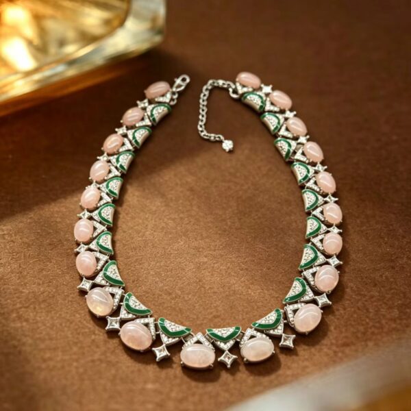 Pink Gemstone & Green Enamel Statement Necklace