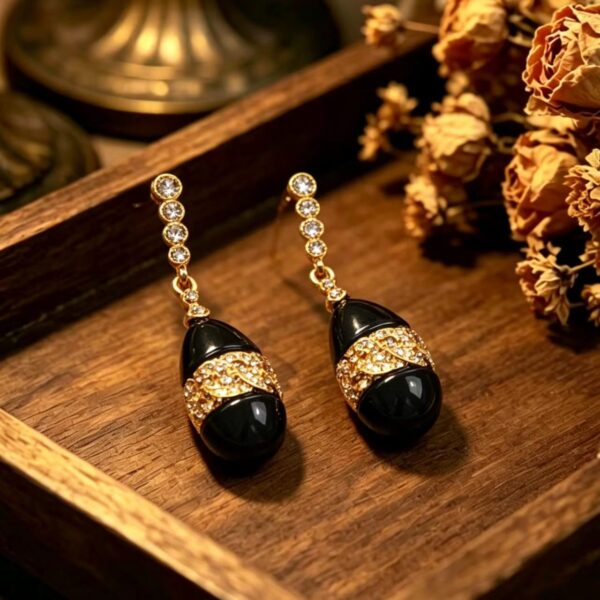 Vintage Black Enamel Egg-shaped Full Crystal Drop Earrings